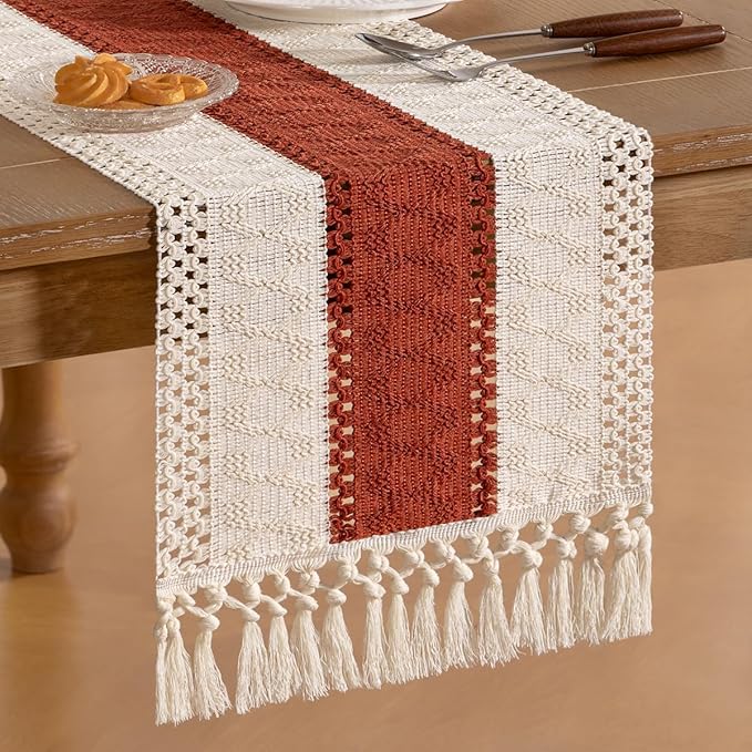 Socomi Boho Table Runner Easter Spring Farmhouse Rustic Dining Kitchen Centerpiece Macrame Woven Cotton Linen Coffee Table Runner for Dresser Scarf Home Decor 12x72 inch Terracotta Ivory