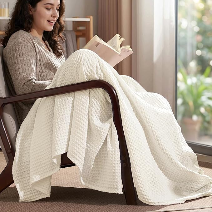 PHF Ultra Soft Waffle Weave Throw Blanket 50"x 60"- Washed Lightweight Breathable Cozy Woven Blanket for Bed - Aesthetic Decor for Couch Bedding Sofa Home Car - Coconut White