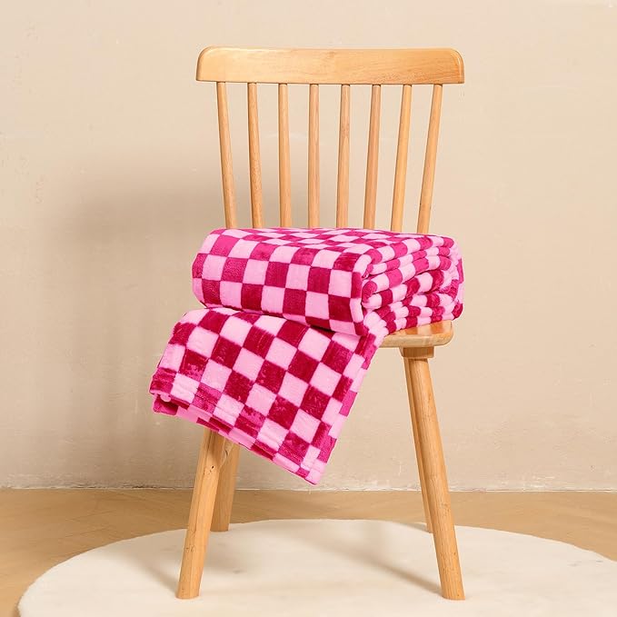 FY FIBER HOUSE Checkered Flannel Fleece Throw Blanket Soft Cozy Checkerboard Grid Print Chessboard Gingham Pattern Blankets for Bed Couch Sofa, 40"x50", Hot Pink