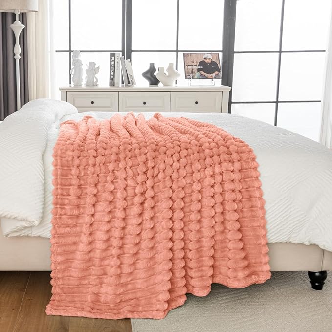 Wider Striped 380gsm Thick Large King Blanket for Couch Super Soft Cozy Blankets for Women Big Fuzzy Fleece Pink Blanket for Bed Sofa 90x104
