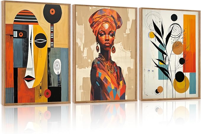 CHDITB Boho Abstract Black Woman Framed Canvas Wall Art, Orange African Artwork Ethnic Minimalist Portrait Murals Wall Decor, Vintage Geometric Aesthetics Art Prints For Bedroom Living Room-12X16 Inch