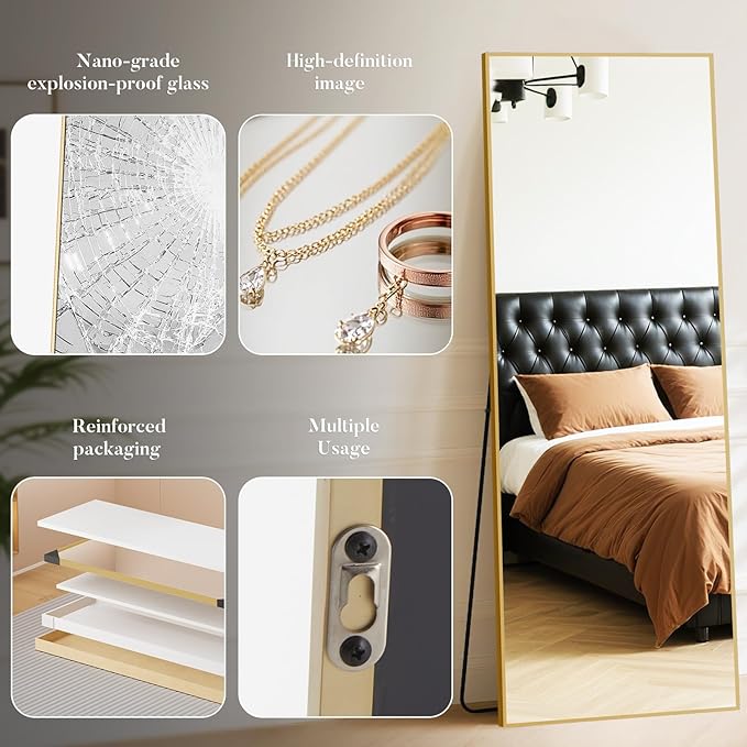 OLIXIS Full Length Mirror 59"x16.5" for Bedroom, Full Body Mirror with Stand, Hanging or Leaning for Wall, Aluminum Alloy Thin Frame Floor Standing for Living Room, Long, Gold