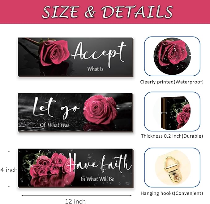 3 Pcs Pink Rose Bathroom Wall Decor Inspirational Wooden Wall Art Flower with Accept Let Go Have Faith Positive Quotes for Girl Women Bathroom Bedroom Living Room Office (Pink Rose 12 X 4 Inch)