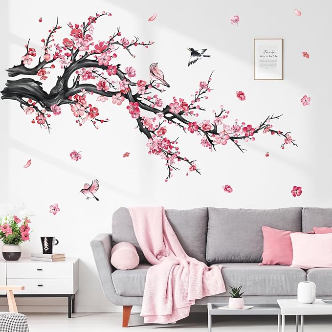 decalmile Pink Flower Branch Wall Decals Watercolor Blossom Floral Tree Branches Wall Stickers Living Room Bedroom Sofa TV Background Wall Decor