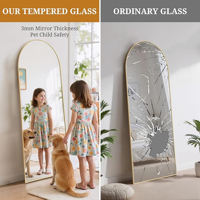 Full Length Mirror 58"x19" Full Body Mirror Arched Free Standing Wall Mounted Leaning Floor Mirrors with Stand Aluminum Alloy Frame for Bedroom Cloakroom, Gold