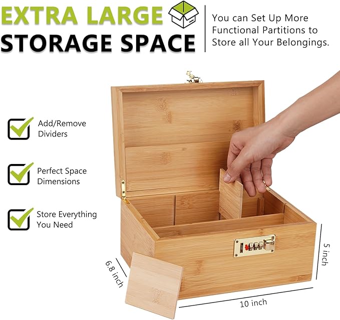 OZCHIN Large Bamboo Box with Combination Lock Decorative box for Home Great Gift Choice Storage Lockbox with Storage Jar, Gifts for Men Women (Brown, 10 x 6.9 x 5 inches)