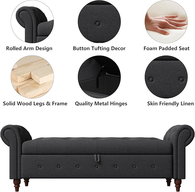 Aoowow Rolled Arm Storage Benches for Bedroom End of Bed Ottoman Bench 63" Long Bench with Storage and Seating for Living Room,Entryway,Window,Button Tufted with Solid Wood Legs (Linen Dark Grey)