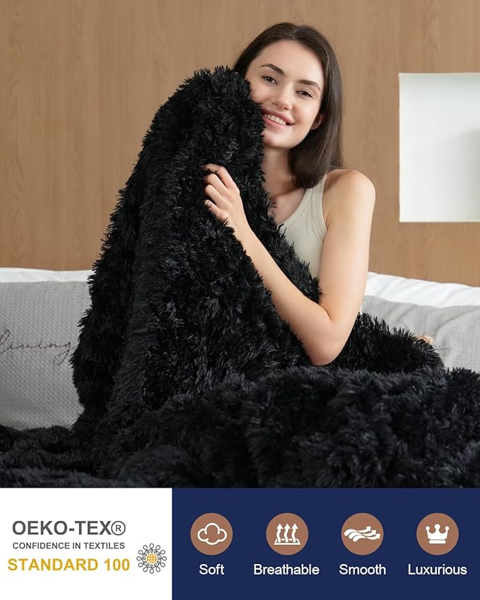 Pawque Faux Fur Blankets King Size 90x108 Inches, Soft Fuzzy Fluffy Blanket, Warm Thick Sherpa Long Hair Shag Reversible Lightweight Cozy Throw for Bedroom Sofa Couch, Black