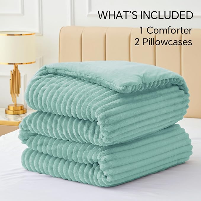BEDELITE Fleece King Comforter Set -Super Soft & Warm Fluffy Haze Blue Bedding, Luxury Fuzzy Heavy Bed Set for Winter with 2 Pillow Cases