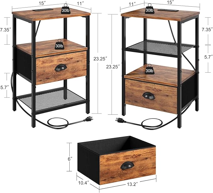 Nightstands Set of 2, Night Stands with Charging Station and Fabric Drawer, Bedside Tables with Drawers, 2- Tier Side Table with Open Shelf, Nightstands with Charging Station,Rustic Brown
