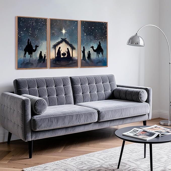 CHDITB Christian Nativity Framed Canvas Wall Art, Bible Joseph Mary And Baby Jesus Wall Decor,Birth of Jesus Scene Painting, Religious Biblical Art Prints For Prayer Room Bedroom 12”X16”x3