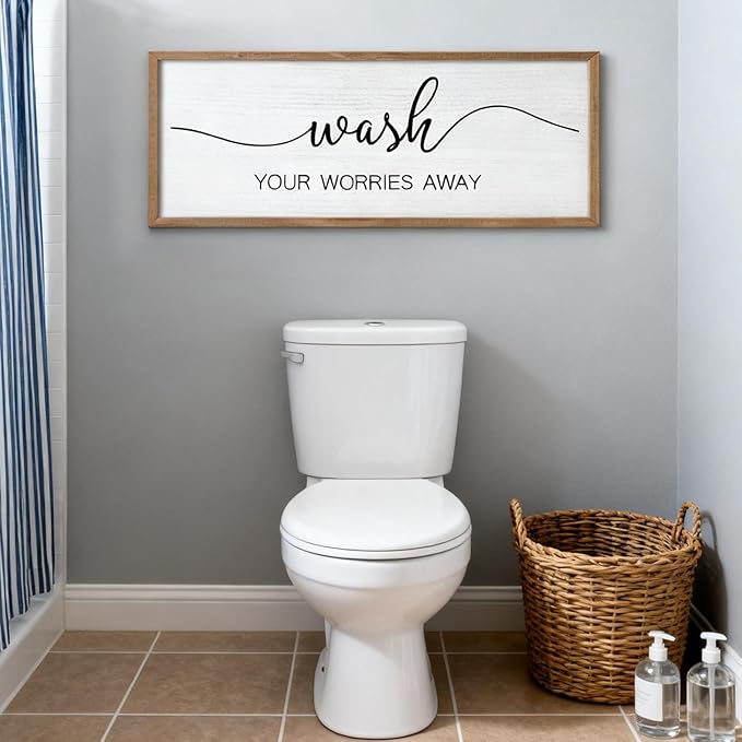 Foutcheou Funny Wash Your Worries Away Bathroom Wall Decor Sign 32x12 Inch Framed Wooden Wall Art with Inspirational Quote, Farmhouse for Home Laundry Room Guest Powder Room Wall Decor