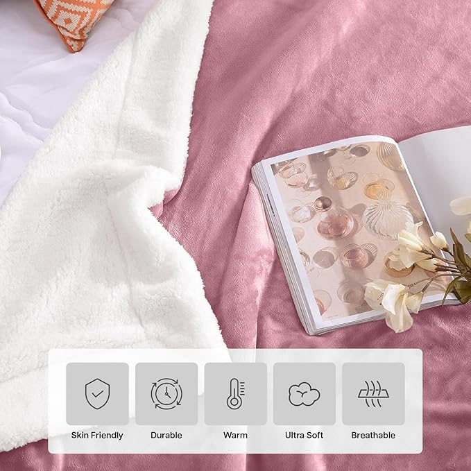 MOONLIGHT20015 Baby Pink Sherpa Fleece Throw Blanket Twin Size for Bed - Wholesale Bulk Pack of 12 Sherpa Blankets - Soft Fluffy Throw Blankets for Hotels, Guest Bedroom, 60x80 Inches