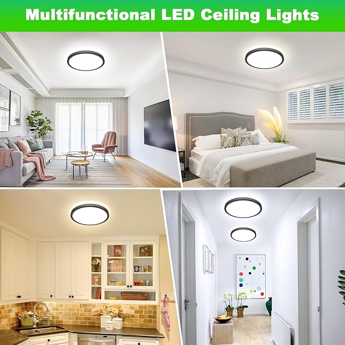 8-Pack Dimmable Flush Mount LED Ceiling Light Fixtures, 12Inch Black Ceiling Lamp 2700K/3000K/4000K/5000K/6500K 5 Color Selectable, 24 Watt 3200LM Low Profile Ceiling Light for Kitchen Bedroom Hallway