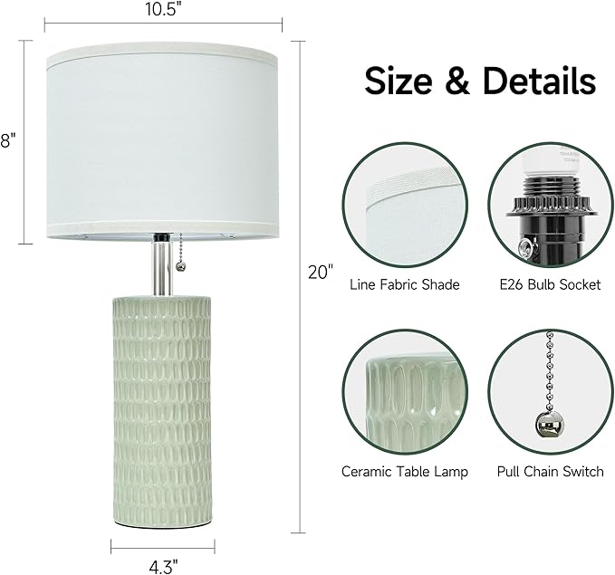 Table Lamps for Living Room Set of 2, Ceramic Table Lamps for Bedroom, 20" Modern Lamps for Night Stands, Light Green