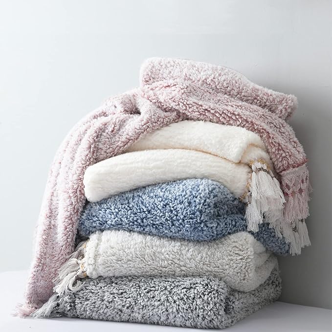 Ultra Soft Fleece Sherpa Blanket Queen Size,Lightweight Cozy Boho Bed Blanket with Decorative Tassel, Pattern Reversible, 2 Tones Ombre Dusty Pink, 90”x90”