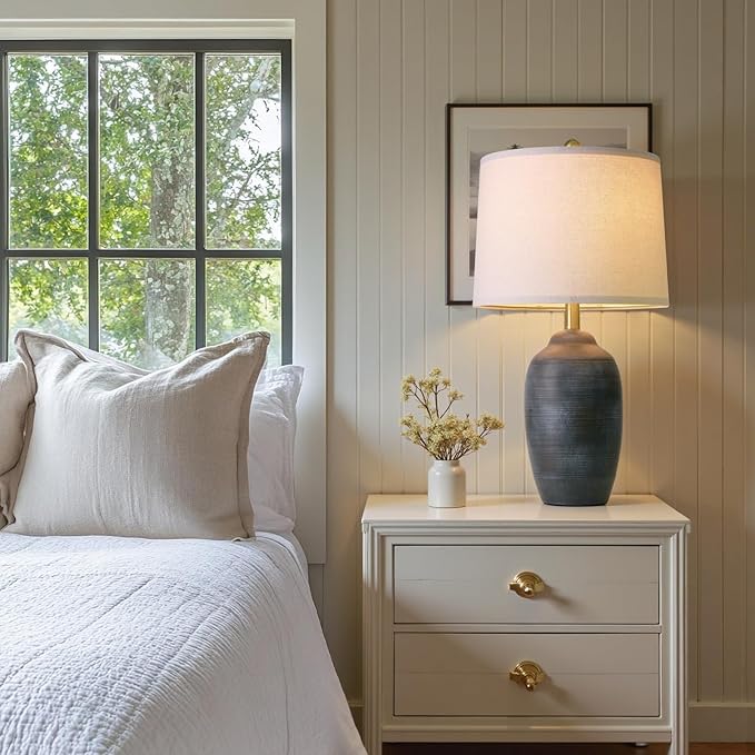 24.5" Vintage Ceramic Table Lamp with 5FT Cord- Single Farmhouse Rustic Bedside Lamp with Natural Textured Finish, Nightstand Lamps for Living Room, Bedroom, End Table, Office Retro Black