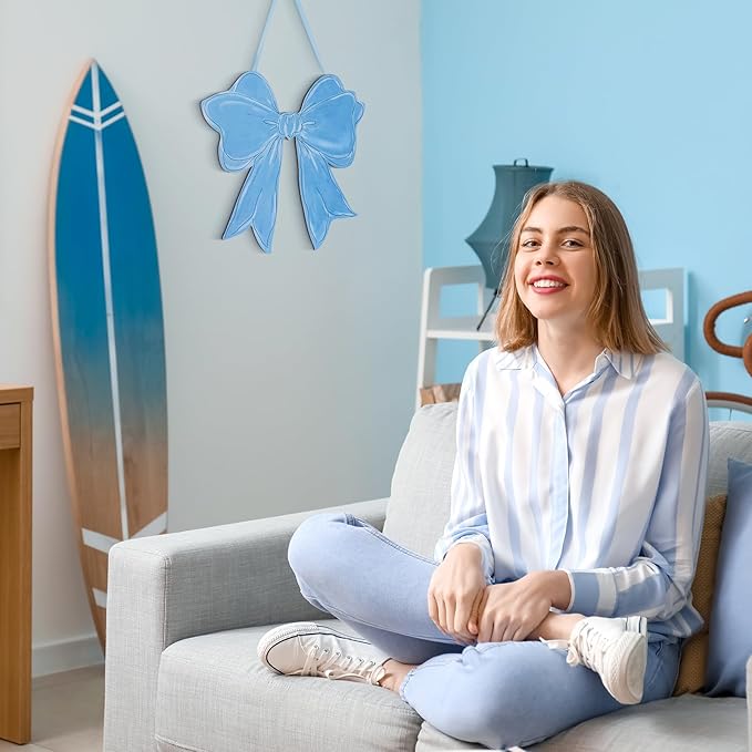 RattanView Bow Wooden Hanging Sign Coquette Bow Wall Hanging Cute Preppy Wall Art Bowknot Welcome Door Sign Girly Decor for Girls Room College Dorm Apartment Indoor Outdoor Porch (Dusty Blue)