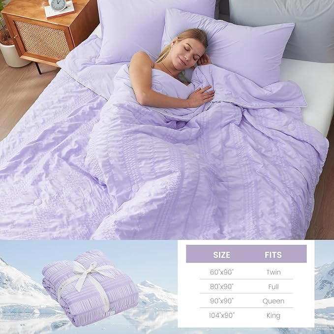 Cozy Bliss Seersucker Cooling Comforter King Size, Q-Max 0.45 Reversible Lightweight Cooling Blanket, Breathable Silk Smooth Summer Bedding Quilt for Hot Sleepers Night Sweats Purple