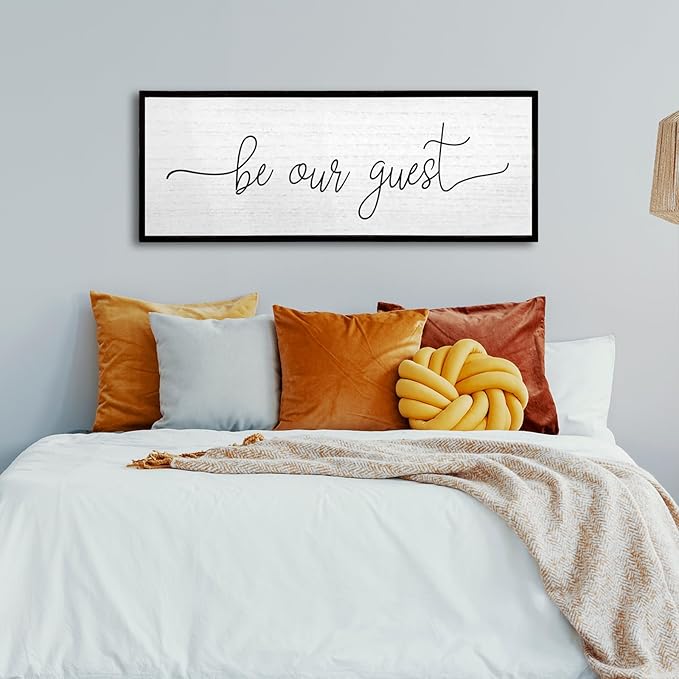 Be Our Guest Wall Decor Sign 32''×12'' Large Rustic Farmhouse Family Guest Room Bedroom Above Bed Vintage Framed Wooden Wall Art Modern Signs Simple Entryway Hanging Decoration (Black)