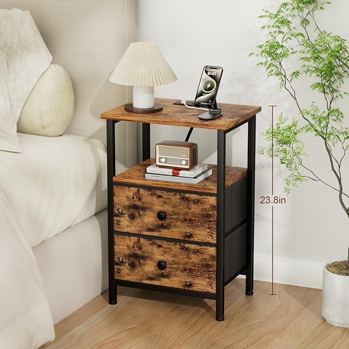 Night Stand with Charging Station, Small Bedside Table with 2 Fabric Drawers, Nightstand with USB Ports & Outlets for Bedroom, Living Room, Brown, HETS020BR-1