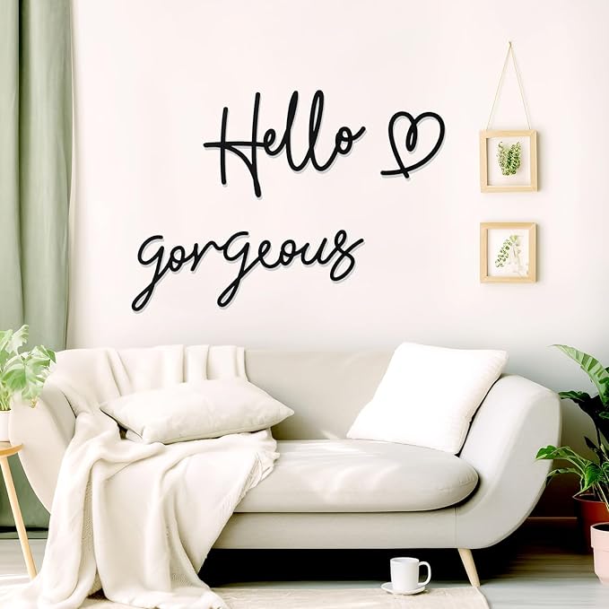 Bnesi Hello Gorgeous Heart Sign Wall Decor Black Metal Wall Decor Modern Hello Gorgeous Elegant Metal Wall Art Decor for Bathroom, Bedroom, Lash room (Black, Large)