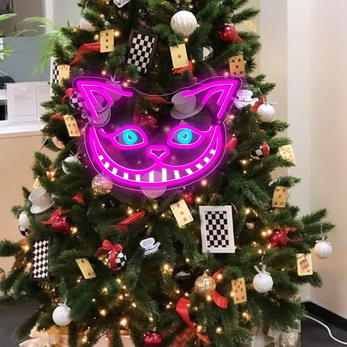 Cheshire Cat Neon Sign Alice in Wonderland Decor Light Up Sign,Smile Cat Neon Light for Wall Decor,Bedroom,Tea Party,Birthday Gifts,Bar Home Dorm Decorations