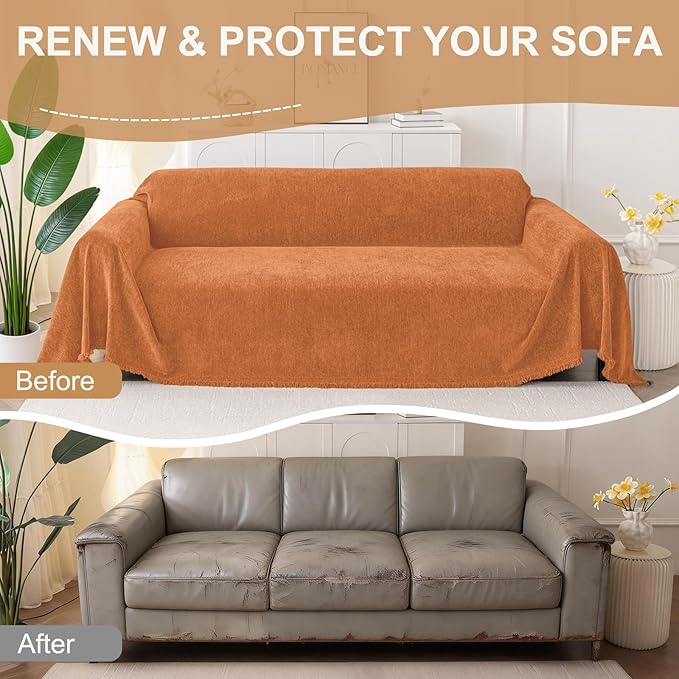 Smiry Couch Cover for Dogs, Washable Chenille Sofa Covers for 3 Cushion Couch, Soft Sofa Slipcover for Pets, Thick Sectional Furniture Protector with Tassels (Orange, 71x134 Inch)