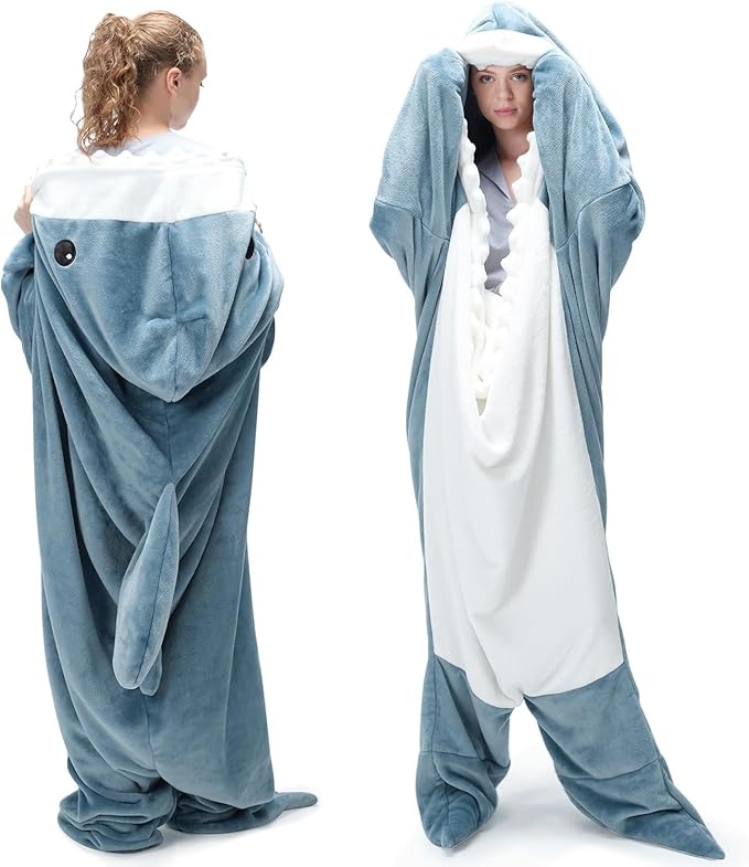 Touchat Shark Blanket Onesie Costume for Adult, Super Soft Cozy Flannel Cartoon Throw Wearable Blanket Hoodie Sleeping Bag Cosplay Gifts for Shark Lovers (Blue, XXL)