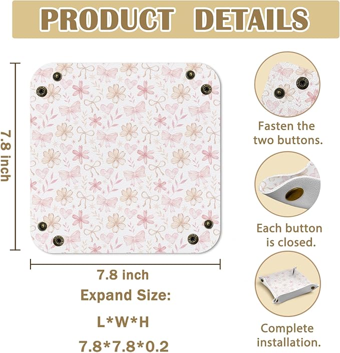 Pink Coquette Bow Floral Leather Jewelry Valet Tray, Preppy Bow Flower PU Leather Catchall Beside Caddy Nightstand Organizer Tray for Jewelry Rings Watches Keys and Accessories, 7.8x7.8inch