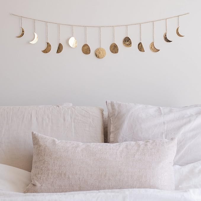 BASE ROOTS Moon Phase Wall Decor, Gold Wall Decor for Bedroom & Living Room, Bohemian Wall Decor, Handmade Hammered Metal 36" 13 Phases Moon Wall Decor, Celestial Wall Art, Gift for Women & Kids