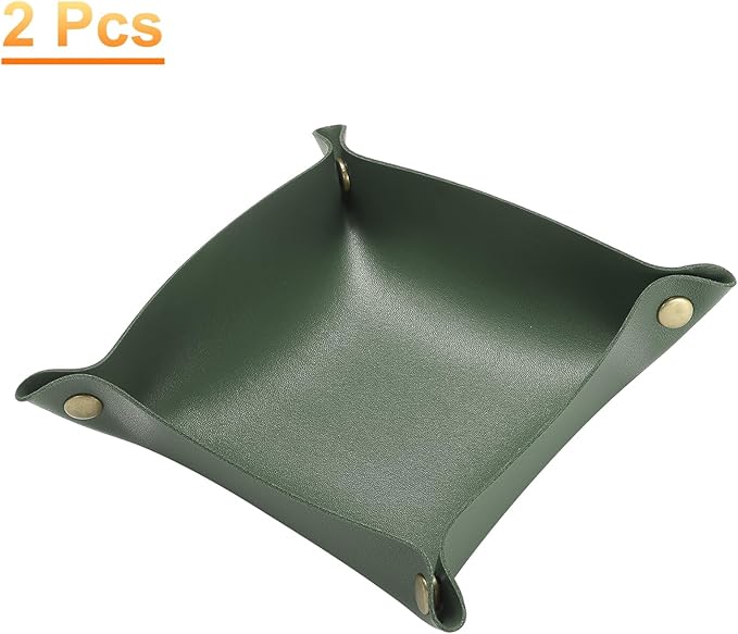 HARFINGTON 2pcs PU Leather Valet Tray Unisex Folding Small Catchall Tray Portable Entryway Table Tray Nightstand Bedside Desk Tray for Key Wallet Watch Coin Jewelry Dice, Green
