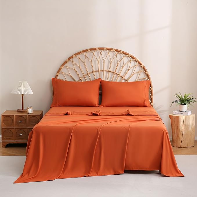 JSD Burnt Orange Queen Sheet Set with Side Pocket Corner Straps, 4 Piece Soft Microfiber Bed Sheets Extra Deep Pocket