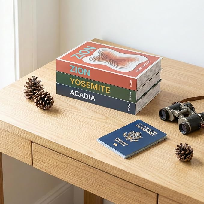 Gifts for Travelers & Hikers - National Park Decorative Books with Storage (Zion, Yosemite, Acadia) - Vintage Travel Decor Memory Box for Keepsakes, Coffee Table & Shelf Display (Set of 3)