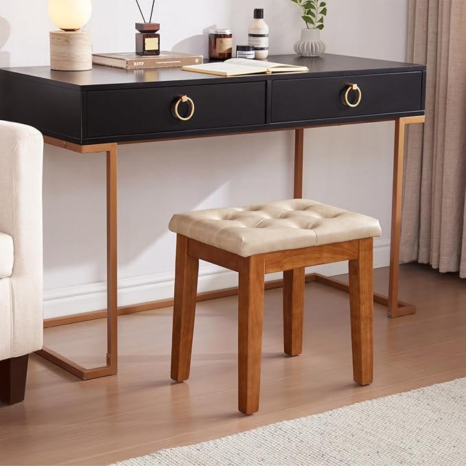 Upholstered Ottoman Stool with Padded Seat, Tufted Vanity Stool with Solid Wood Legs, Accent Stools, Faux Leather Ivory