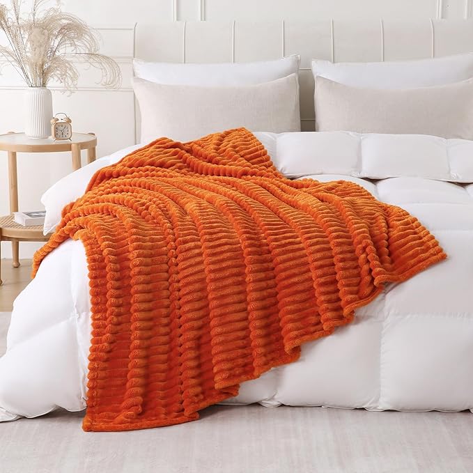Orange Throw Blanket for Couch Sofa 60x80 inches Striped Fleece Blankets Room Home Decor Lightweight Plush Soft Cozy Gifts for Women Mom Girls