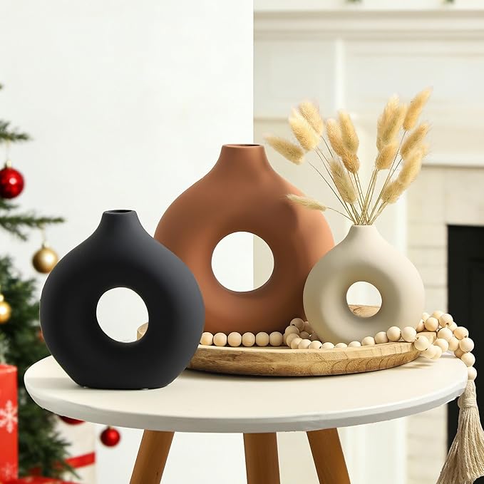 Vanselia Ceramic Vase Home Table Decor - Flower Vases Set of 3 Small Living Room Centerpiece Decorations for Shelf Bedroom Office Kitchen Dining Desk Modern Aesthetic Farmhouse Decorative (Rust)