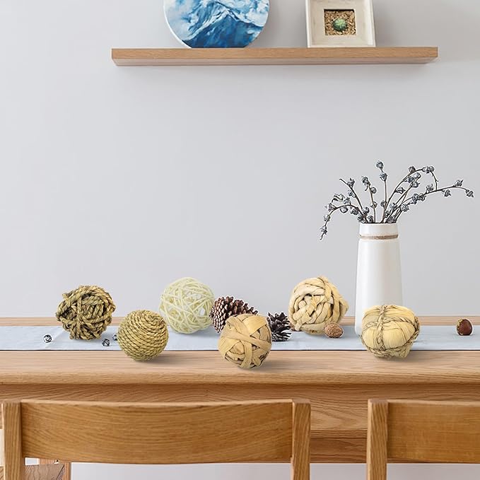Kesywale 9pcs Rustic Decorative Balls for Centerpiece Bowls Vase Tray Fillers, 2.8 inch Assorted Wicker Rattan Balls Green Moss Orbs Spheres Home Table Decor (A)