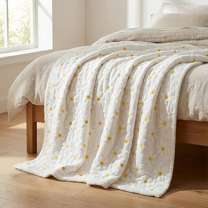 Horaldaily Spring Summer Throw Blanket, White Daisy Soft Fuzzy Plush Faux Fur Cozy Blankets for Couch Sofa Bed Lounging, Ideal Gifts for Kids Adults Wife Self, 60x80