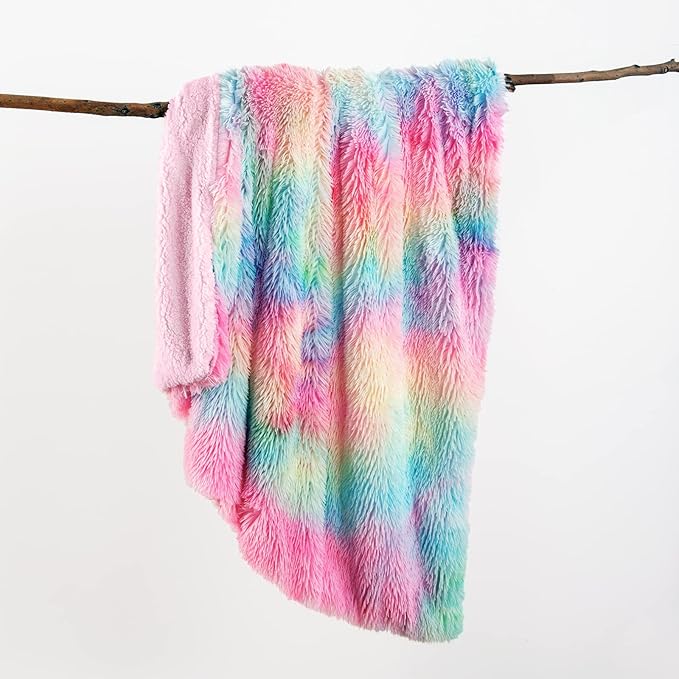 DANGTOP Fuzzy Faux Fur Throw Blanket, Tie Dye Fluffy Blanket, Super Soft Rainbow Blanket for Girls, Luxury Cozy Warm Plush Thick Sherpa Throws for Bed Couch Living Room (Rainbow, 50X60 inches)