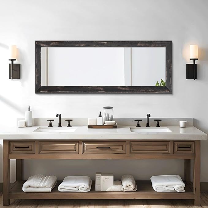 AAZZKANG Rectangular Mirror Full Length Wooden Frame Retro Large Wall Hanging Mirrors 43"x14" for Bedroom Living Room Bathroom Dressing Room Hallway