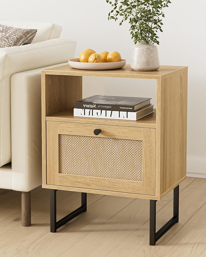 Rattan Nightstand, Mid Century Modern Night Stand,Boho Farmhouse Wood Bedside Table with Storage and Open Shelf, End Side Accent Table for Bedroom,Living Room,Oak