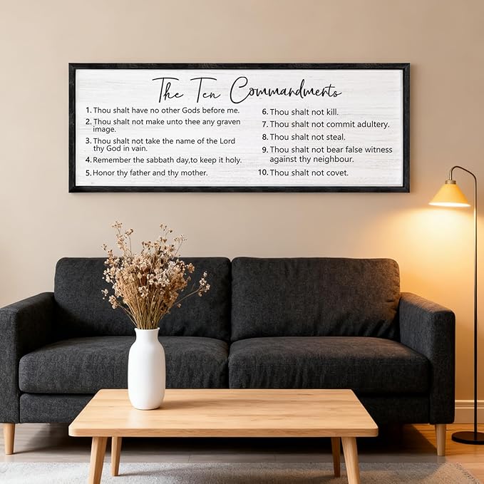 The Ten Commandments Rustic Bible Verse Framed Wall Art, 40''×15'' Positive Religious Christian Saying Sign for God Jesus Christ Prayer, Vintage Horizontal Holy Inspirational Catholic Scripture Decor