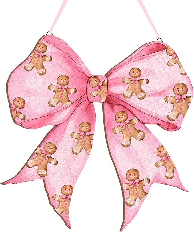 RattanView Pink Christmas Gingerbread Man Coquette Bows Wooden Hanging Sign Cute Preppy Aesthetic Wall Art Bowknot Welcome Door Sign Cute Season Decor for Xmas Room Decor
