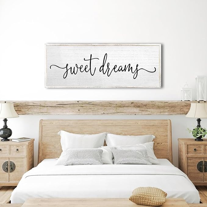 Sweet Dreams Wall Decor Above Bed Sign 40''×15'' Large Wood Framed Master Bedroom Guest Room Sweet Dreams Signs Farmhouse Rustic Wall Art Decoration (White)