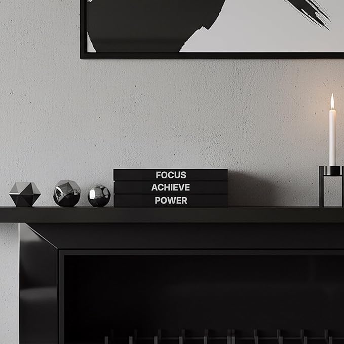 Gifts for Men, Dad, Boss - Motivational Office Desk Decor & Accessories - Black Faux Book Box for Hidden Storage of Cash & Photos - Modern Bookshelf Display (Set of 3, Achieve Focus Power)