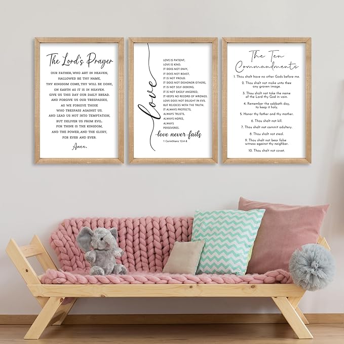 comurdyo Christian Bible Verse Wall Art 24"×16" Set of 3 Positive Religious Minimalist Quotes Sign for Rustic God Jesus Christ Prayer Inspirational Catholic Scripture Decor Wood Framed Hanging (Wood)