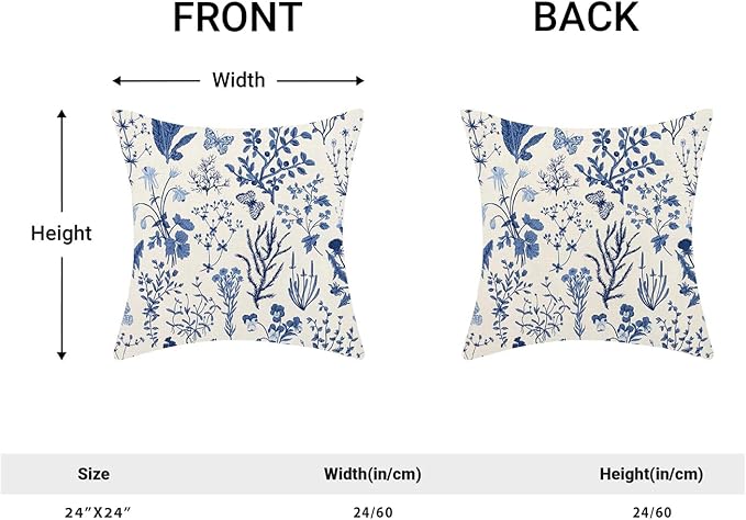 AEIOAE Summer Pillow Covers 24x24 Inch Set of 2,Navy Blue Wild Flower Plant Throw Pillows Case,Seasonal Floral Outdoor Decorative Square Linen Farmhouse Decor Cushion Covers for Home Couch Sofa Bed