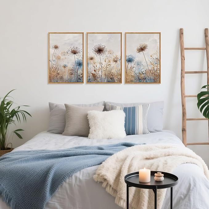 CHDITB Dandelion Wall Art Framed Canvas Wall Art Set Of 3, Dandelion Picture for Living Room, Vintage Wildflower Artwork Botanical Wall Decor, Nature Floral Art Prints for Bedroom Home Decor (12x16 Inch)