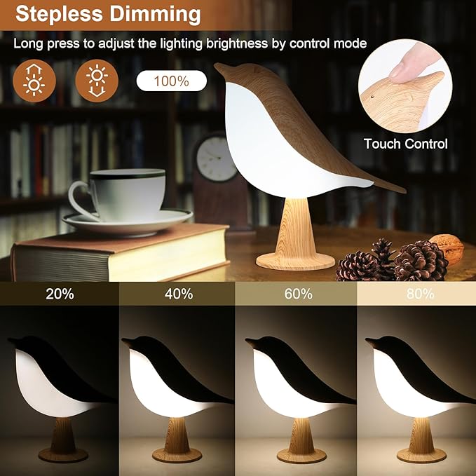VoMii Bird Desk Lamp Set of 2, Small Table Lamp Cordless Touch Dimmable Night Light with 3 Color Temperature, Cute Lamps Rechargeable, for Bedroom Bedside Nightstand, Room Decor, Bird Gifts
